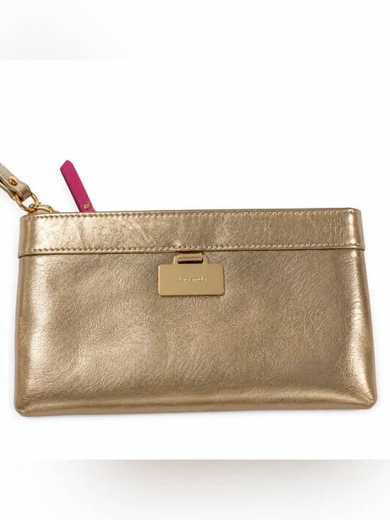 kate spade Handbags - Kate Spade Gold Metallic Leather Wristlet Clutch Pink Polka Dot Interior w/ Box